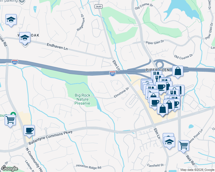 map of restaurants, bars, coffee shops, grocery stores, and more near 6223 Rosebriar Lane in Charlotte
