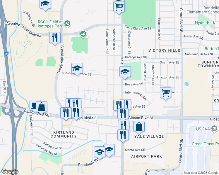 map of restaurants, bars, coffee shops, grocery stores, and more near 1804 Buena Vista Drive Southeast in Albuquerque