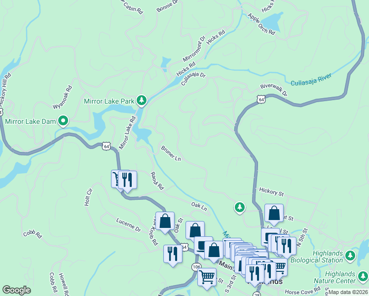 map of restaurants, bars, coffee shops, grocery stores, and more near 539 Foreman Road in Highlands