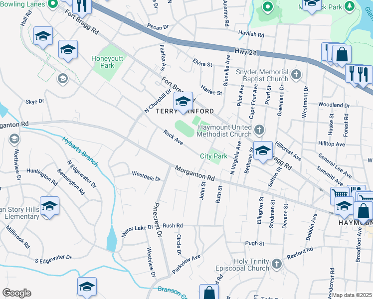 map of restaurants, bars, coffee shops, grocery stores, and more near 2015 Rock Avenue in Fayetteville