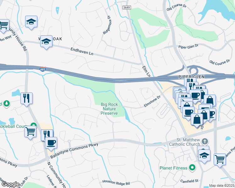 map of restaurants, bars, coffee shops, grocery stores, and more near 6437 High Creek Court in Charlotte