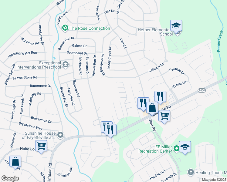 map of restaurants, bars, coffee shops, grocery stores, and more near 1200 Glen Iris Drive in Fayetteville