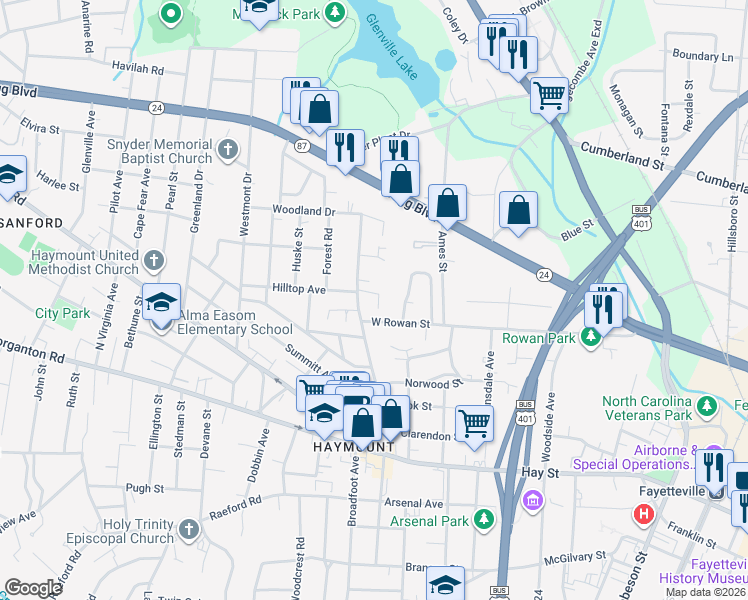 map of restaurants, bars, coffee shops, grocery stores, and more near 412 Oakridge Avenue in Fayetteville