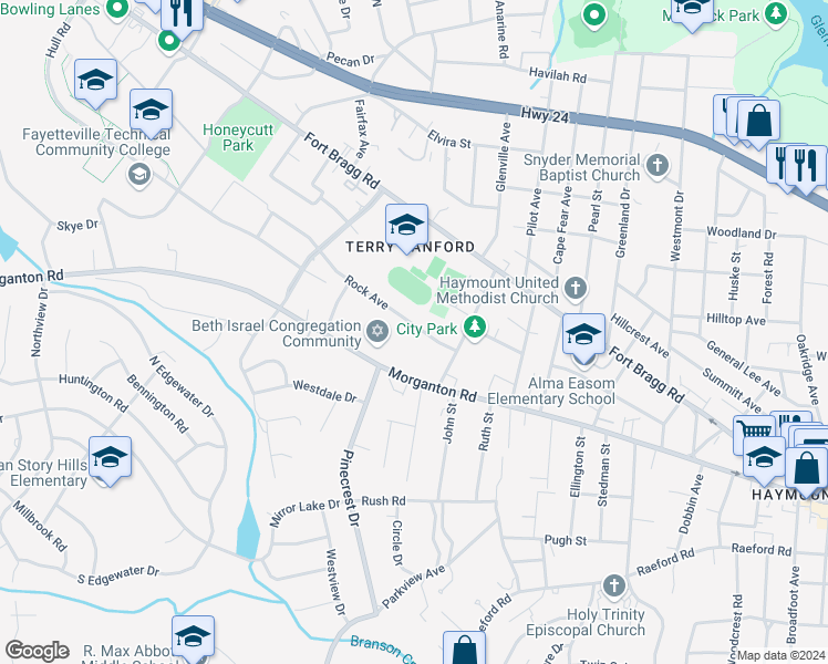 map of restaurants, bars, coffee shops, grocery stores, and more near 2015 Rock Avenue in Fayetteville