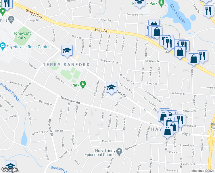 map of restaurants, bars, coffee shops, grocery stores, and more near 1705 Fort Bragg Road in Fayetteville