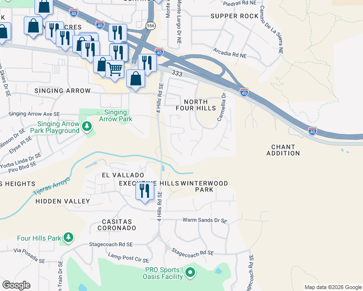 map of restaurants, bars, coffee shops, grocery stores, and more near 430 Pinon Creek Road Southeast in Albuquerque