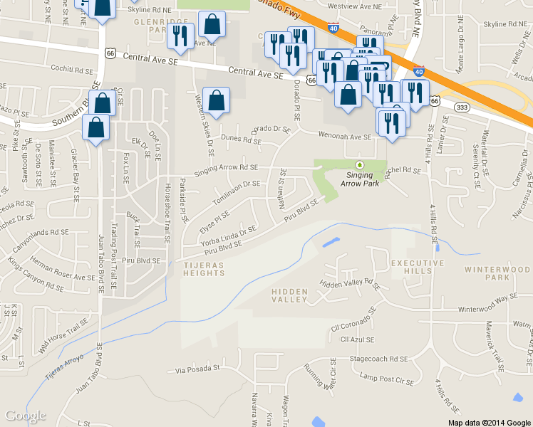 map of restaurants, bars, coffee shops, grocery stores, and more near 12720 Yorba Linda Drive Southeast in Albuquerque