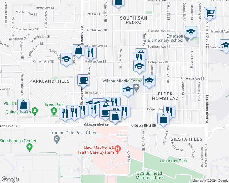 map of restaurants, bars, coffee shops, grocery stores, and more near 1025 Valencia Drive Southeast in Albuquerque
