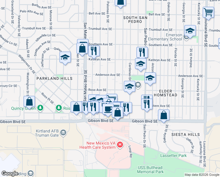 map of restaurants, bars, coffee shops, grocery stores, and more near 1029 Alvarado Drive Southeast in Albuquerque