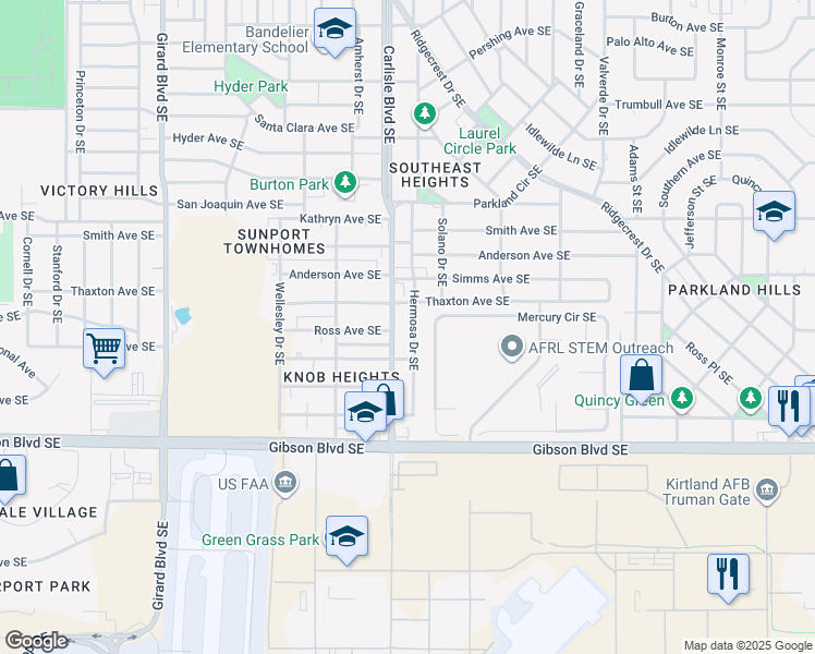 map of restaurants, bars, coffee shops, grocery stores, and more near 1209 Hermosa Drive Southeast in Albuquerque