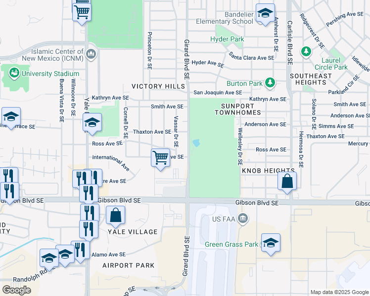 map of restaurants, bars, coffee shops, grocery stores, and more near 1716 Vassar Drive Southeast in Albuquerque