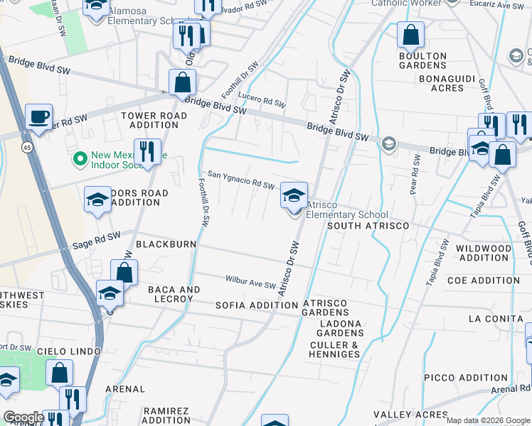 map of restaurants, bars, coffee shops, grocery stores, and more near 1210 Pierre Drive Southwest in Albuquerque