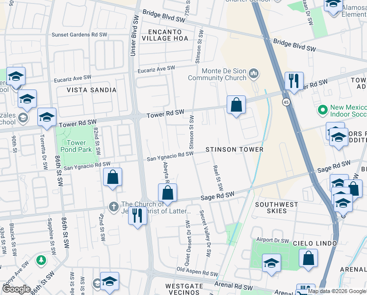 map of restaurants, bars, coffee shops, grocery stores, and more near 772 Taos Place Southwest in Albuquerque