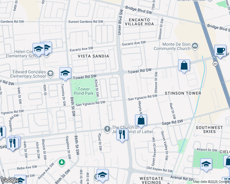 map of restaurants, bars, coffee shops, grocery stores, and more near 740 Libby Avenue Southwest in Albuquerque