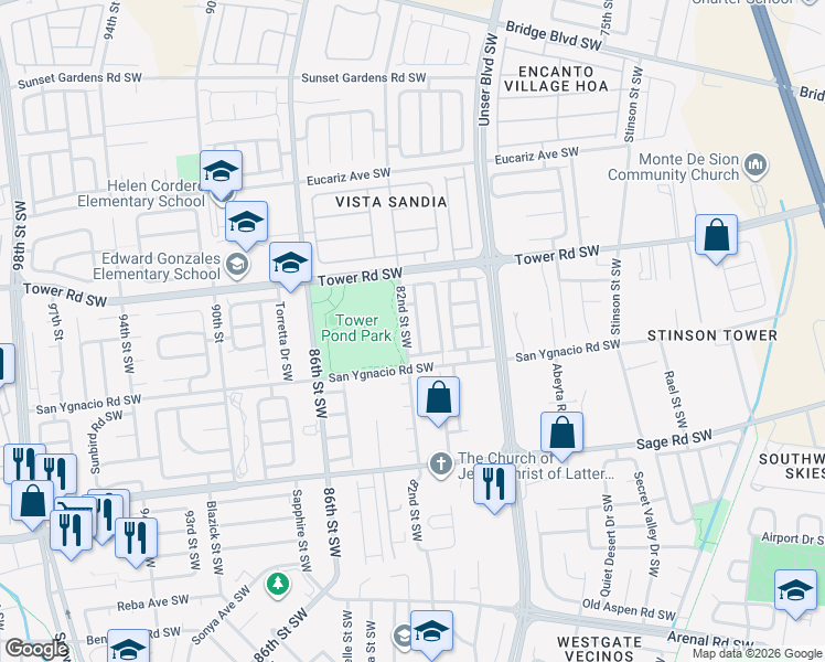 map of restaurants, bars, coffee shops, grocery stores, and more near 731 Nicklaus Drive Southwest in Albuquerque