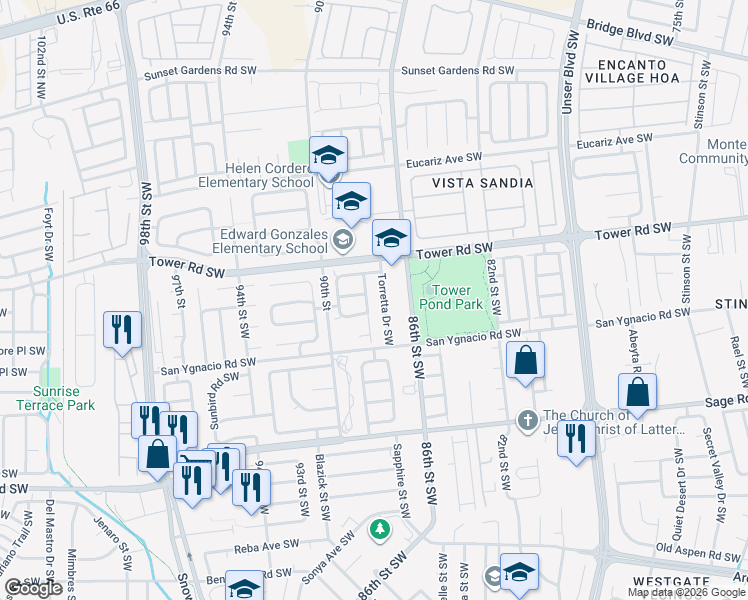 map of restaurants, bars, coffee shops, grocery stores, and more near 8805 Tenemaha Avenue Southwest in Albuquerque