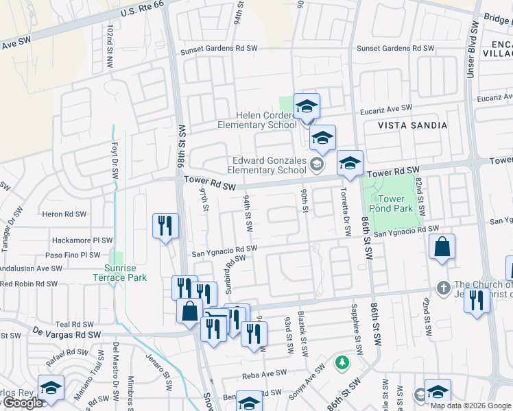 map of restaurants, bars, coffee shops, grocery stores, and more near 9304 Vista Hermosa Court Southwest in Albuquerque
