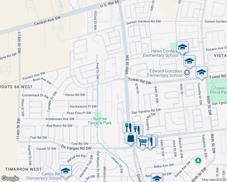 map of restaurants, bars, coffee shops, grocery stores, and more near 728 Terracotta Place Southwest in Albuquerque