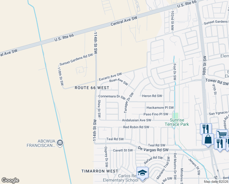 map of restaurants, bars, coffee shops, grocery stores, and more near 724 110th Street Southwest in Albuquerque