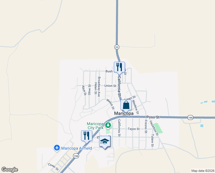 map of restaurants, bars, coffee shops, grocery stores, and more near 343 Adeline Street in Maricopa