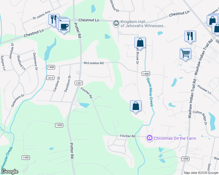 map of restaurants, bars, coffee shops, grocery stores, and more near 6008 Senconee Road in Matthews