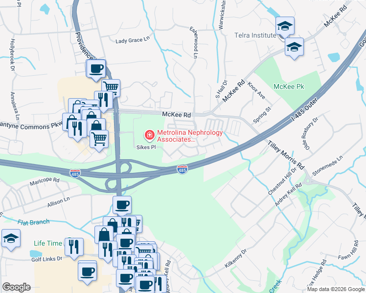 map of restaurants, bars, coffee shops, grocery stores, and more near 11112 Saintsbury Place in Charlotte