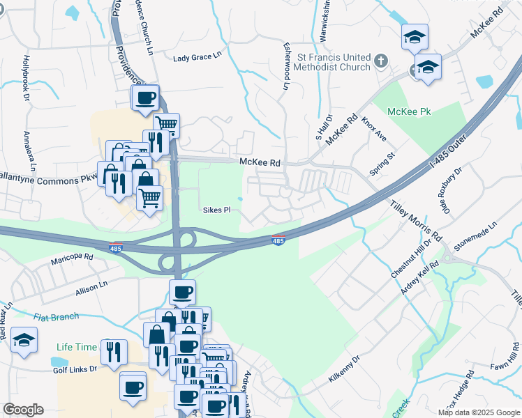 map of restaurants, bars, coffee shops, grocery stores, and more near 11112 Saintsbury Place in Charlotte