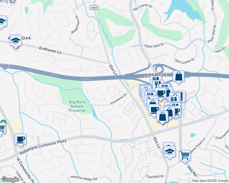 map of restaurants, bars, coffee shops, grocery stores, and more near 6400 Rosebriar Lane in Charlotte