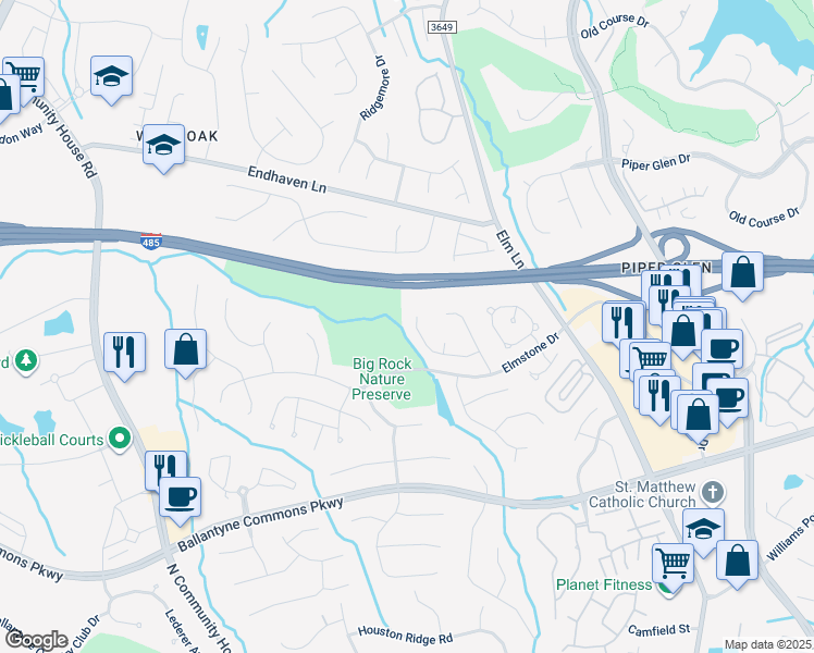 map of restaurants, bars, coffee shops, grocery stores, and more near 6437 High Creek Court in Charlotte