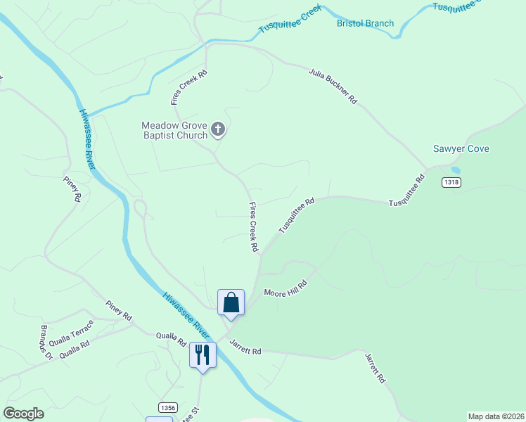 map of restaurants, bars, coffee shops, grocery stores, and more near 2-198 Monkus Road in Hayesville