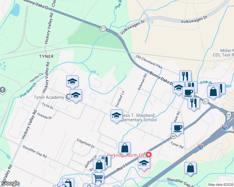 map of restaurants, bars, coffee shops, grocery stores, and more near 2860 Firethorne Lane in Chattanooga