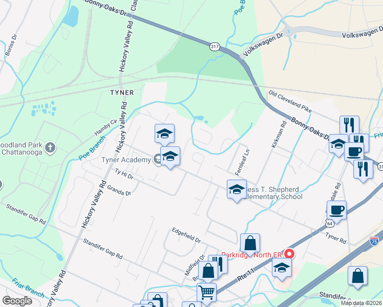 map of restaurants, bars, coffee shops, grocery stores, and more near 7117 Tyner Crossing Drive in Chattanooga
