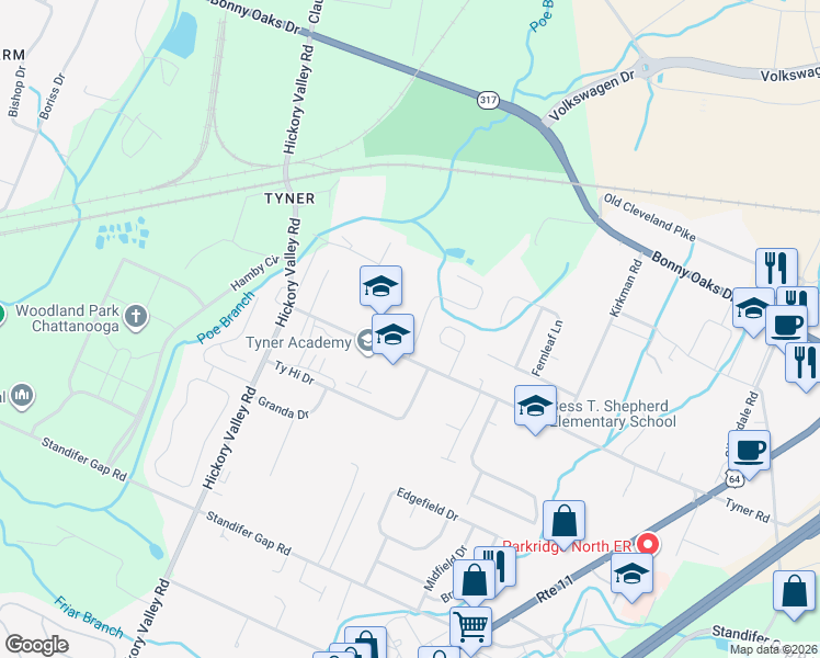 map of restaurants, bars, coffee shops, grocery stores, and more near 7117 Tyner Crossing Drive in Chattanooga