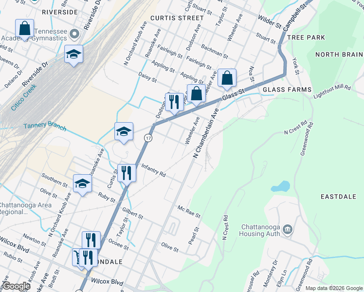 map of restaurants, bars, coffee shops, grocery stores, and more near 2200 Davenport Street in Chattanooga