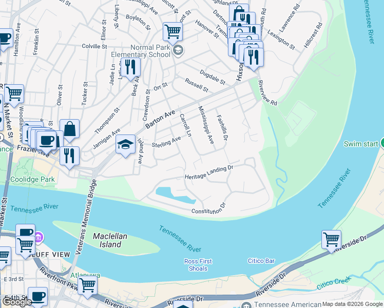 map of restaurants, bars, coffee shops, grocery stores, and more near 1605 Carroll Lane in Chattanooga