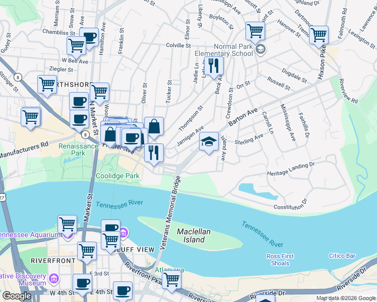 map of restaurants, bars, coffee shops, grocery stores, and more near 216 Baker Street in Chattanooga