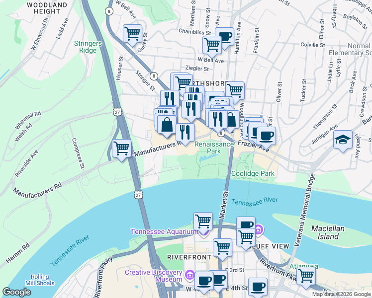 map of restaurants, bars, coffee shops, grocery stores, and more near 200 Manufacturers Road in Chattanooga
