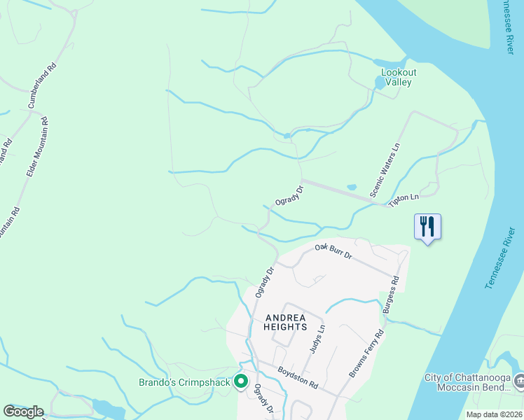 map of restaurants, bars, coffee shops, grocery stores, and more near 1321 Ogrady Drive in Chattanooga
