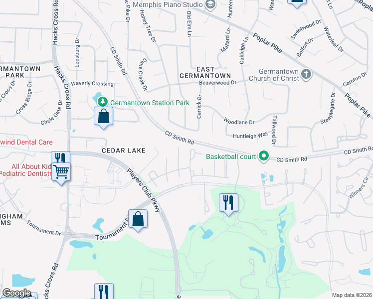 map of restaurants, bars, coffee shops, grocery stores, and more near 3185 Cheval Drive in Memphis