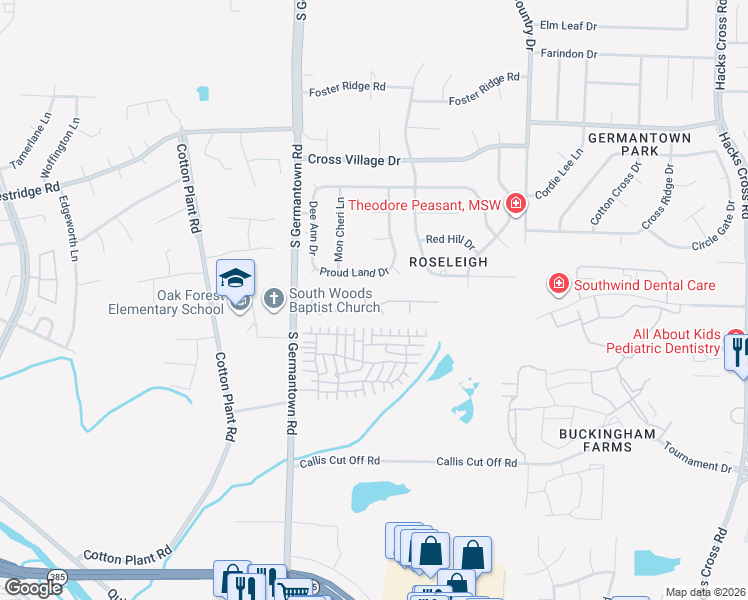 map of restaurants, bars, coffee shops, grocery stores, and more near 7605 Proud Land Drive in Memphis