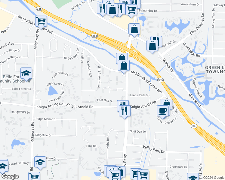 map of restaurants, bars, coffee shops, grocery stores, and more near 3169 Kirby Parkway in Memphis