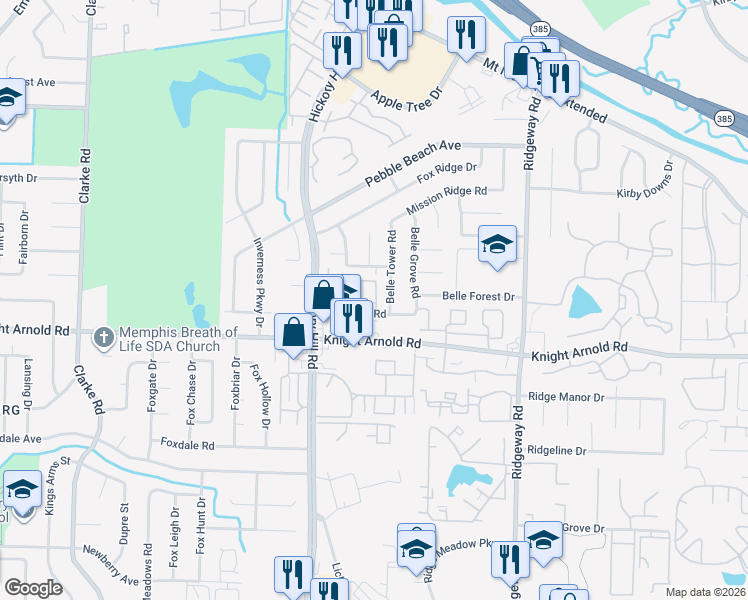 map of restaurants, bars, coffee shops, grocery stores, and more near 5983 Ponderosa Pine Trail in Memphis
