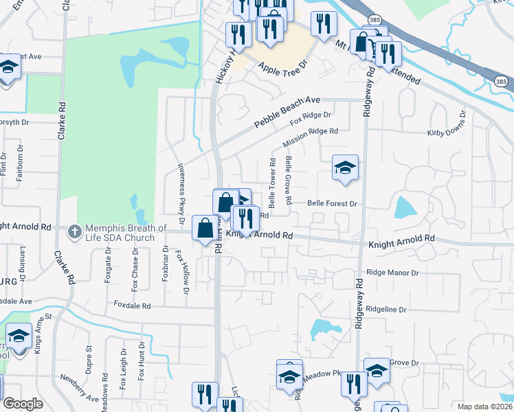 map of restaurants, bars, coffee shops, grocery stores, and more near 5983 Ponderosa Pine Trail in Memphis