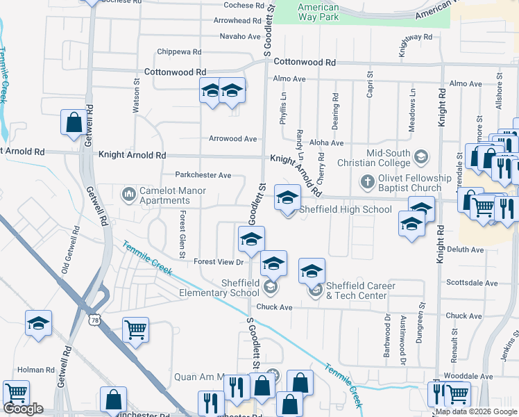 map of restaurants, bars, coffee shops, grocery stores, and more near 3161 South Goodlett Street in Memphis