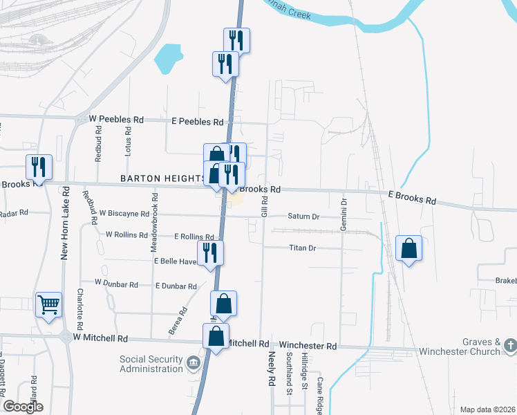 map of restaurants, bars, coffee shops, grocery stores, and more near 205 East Brooks Road in Memphis