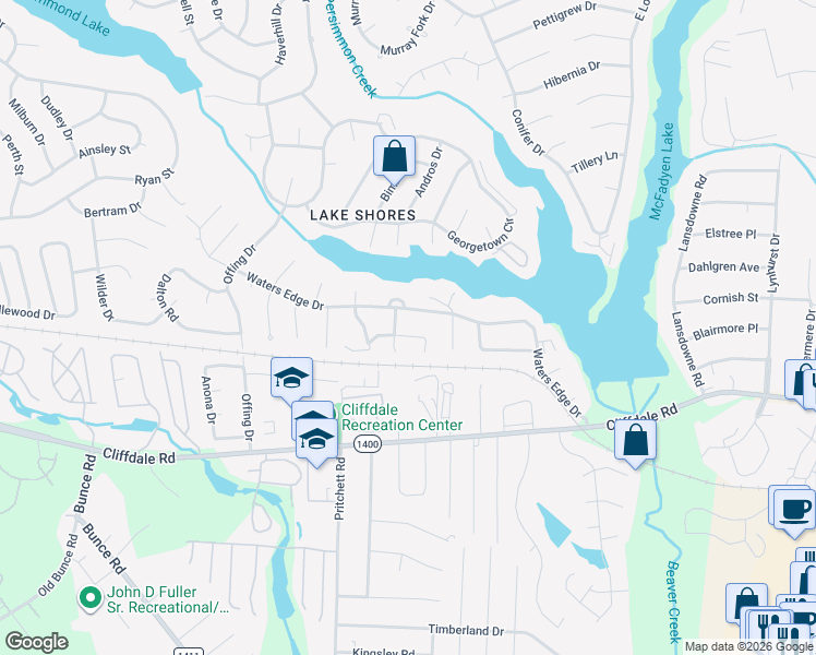 map of restaurants, bars, coffee shops, grocery stores, and more near 5813 Waters Edge Drive in Fayetteville