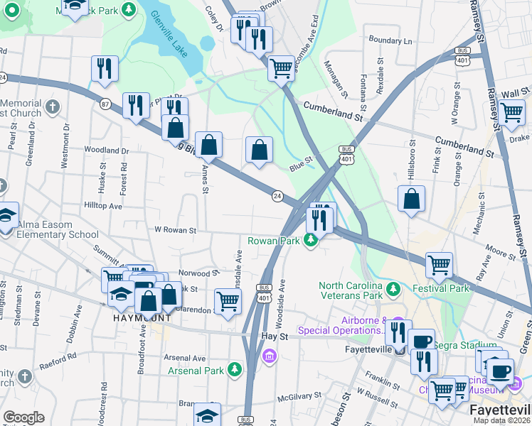 map of restaurants, bars, coffee shops, grocery stores, and more near 831 Bragg Boulevard in Fayetteville