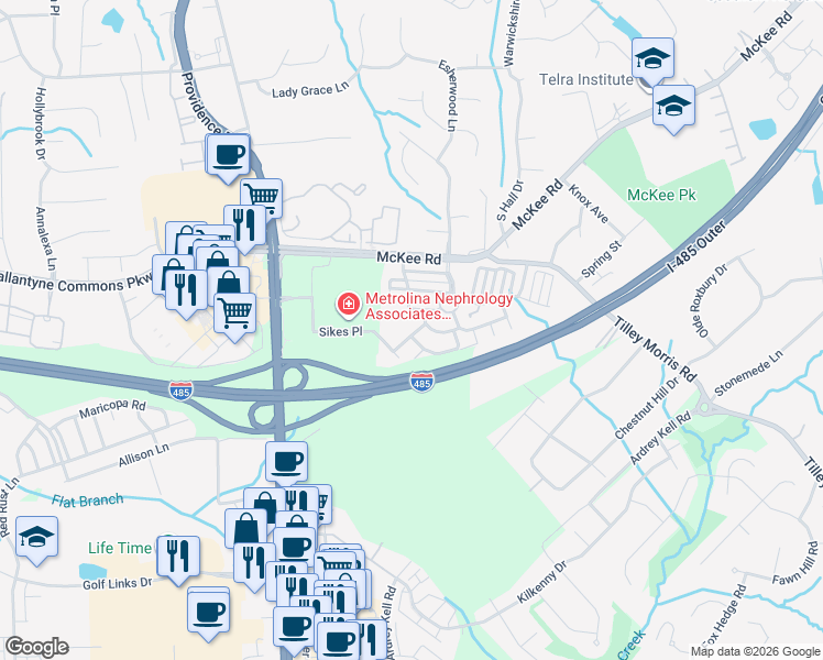 map of restaurants, bars, coffee shops, grocery stores, and more near 11112 Saintsbury Place in Charlotte