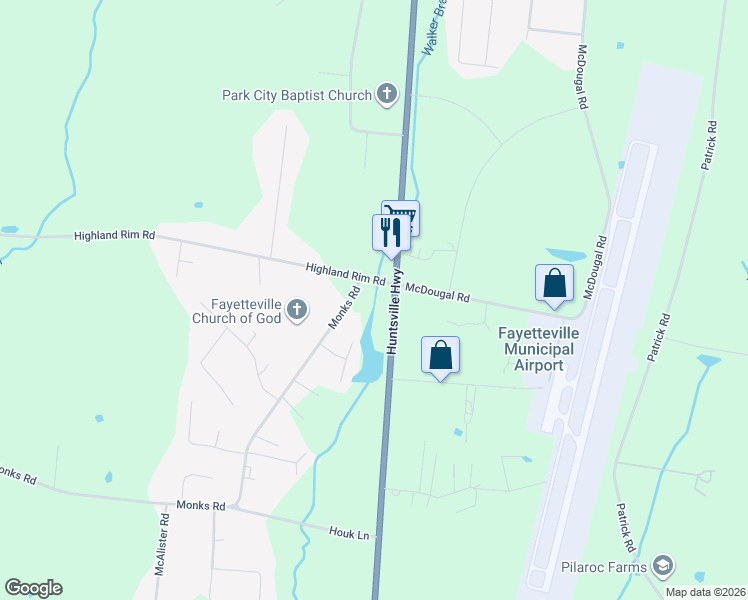 map of restaurants, bars, coffee shops, grocery stores, and more near 4 Highland Rim Road in Fayetteville