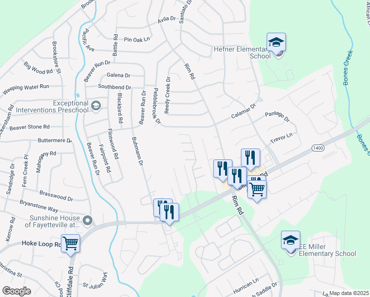 map of restaurants, bars, coffee shops, grocery stores, and more near 5107 Druid Cross Road in Fayetteville